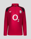 Red sports jacket with black shoulders and white logos on a light gray background