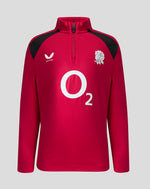Red sports jacket with black shoulders and white logos on a light gray background