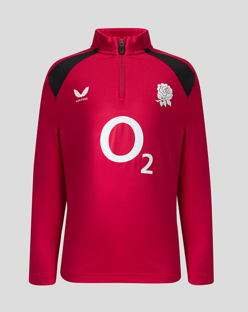 Red sports jacket with black shoulders and white logos on a light gray background