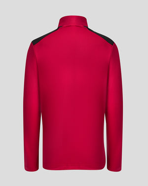 Red quarter-zip sweatshirt with black accents on a light gray background