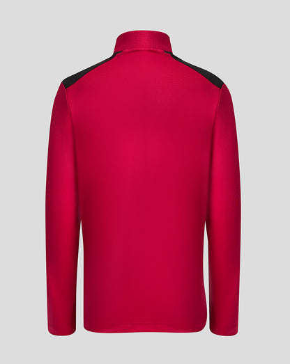 Red quarter-zip sweatshirt with black accents on a light gray background