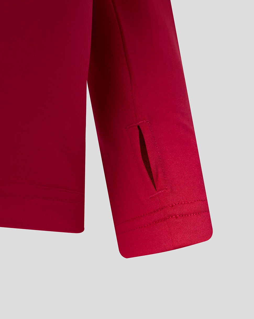 Close-up of a red garment with a pocket on a light gray background