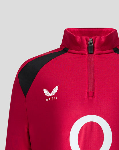 Red sports jacket with black shoulder panel and white logo on a light gray background
