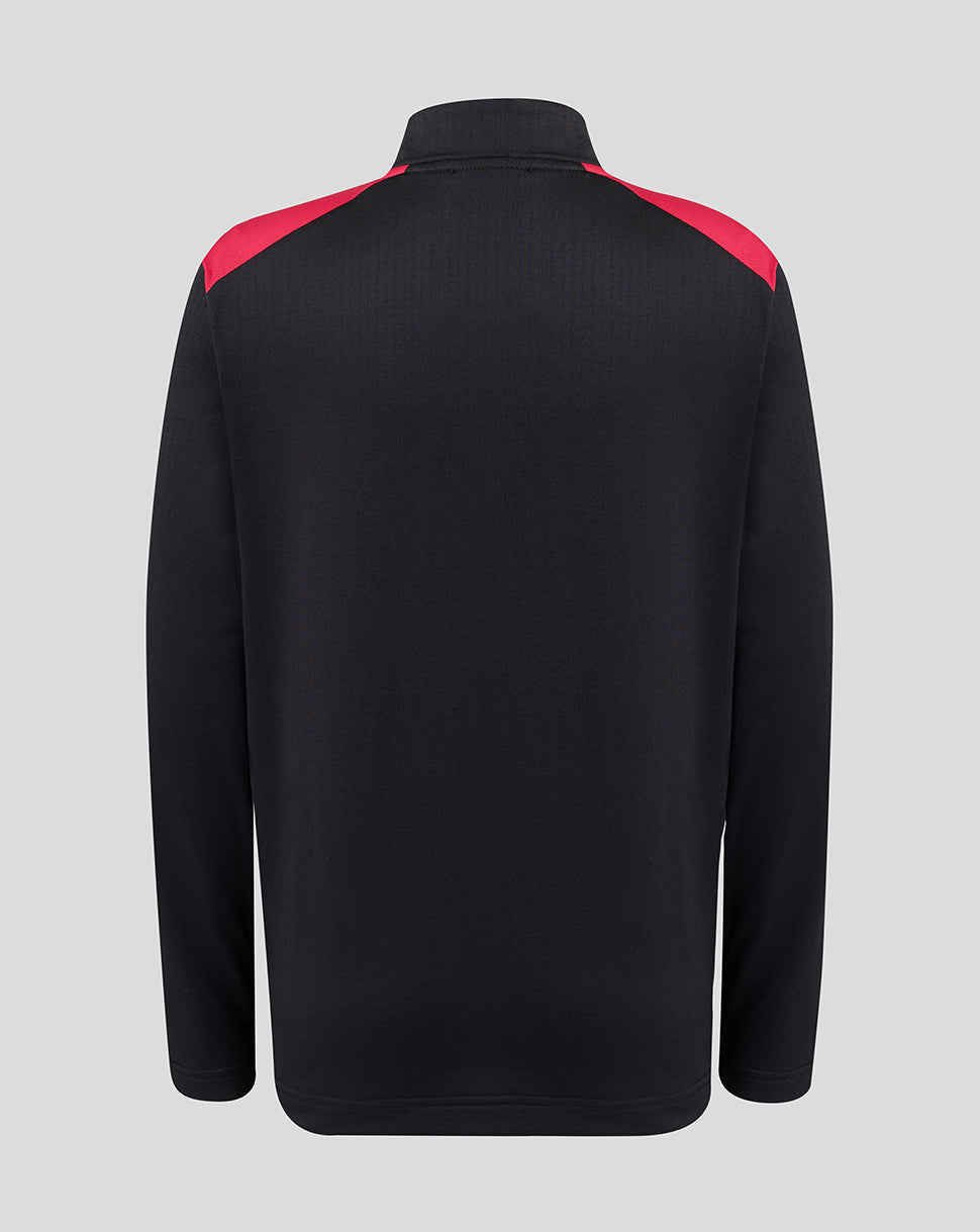 Black jacket with red accents on a gray background