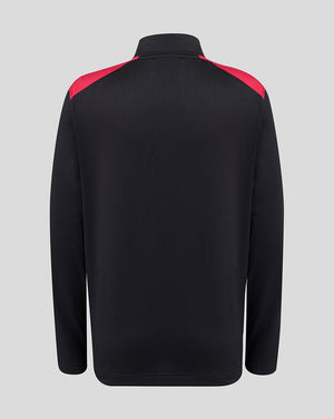 Black jacket with red accents on a gray background