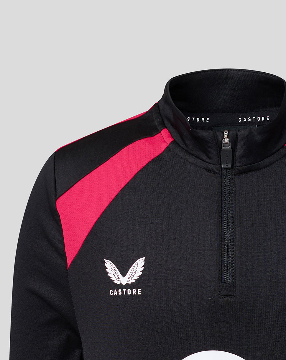 Black and pink sports jacket with 'Castore' branding on a gray background