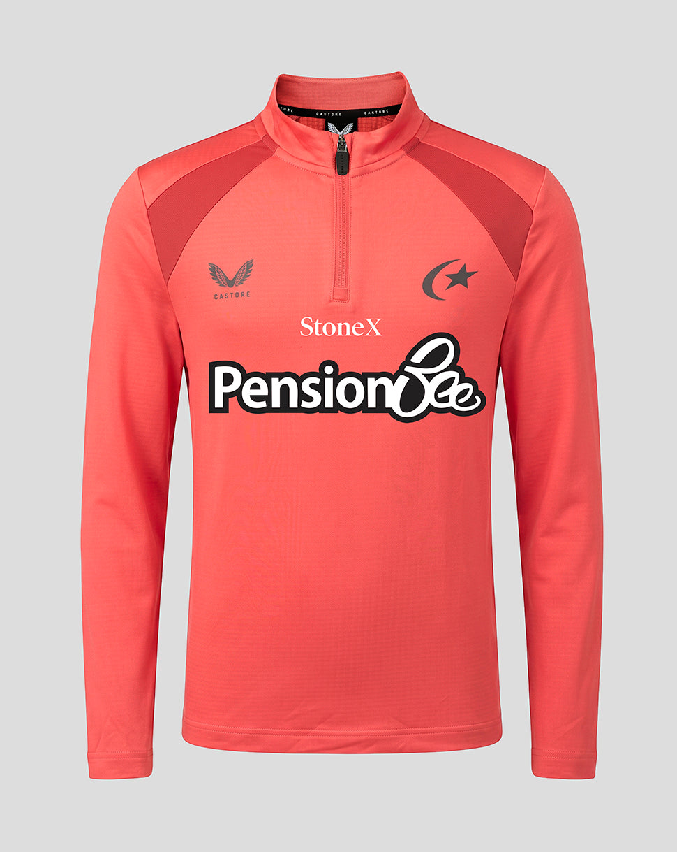 A coral pink long-sleeve athletic quarter-zip pullover with dark red shoulder panels and a white 'Pension Bee' sponsor logo across the chest, shown on a solid gray background.