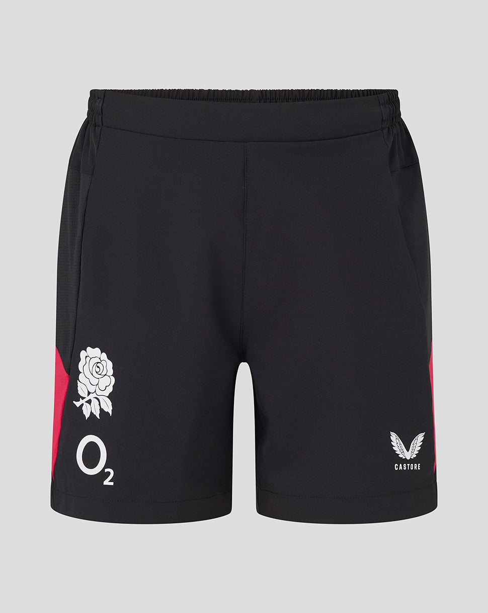 Black shorts with logos on a gray background