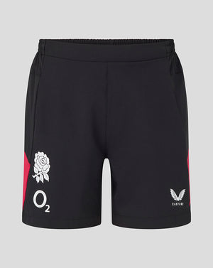 Black shorts with logos on a gray background