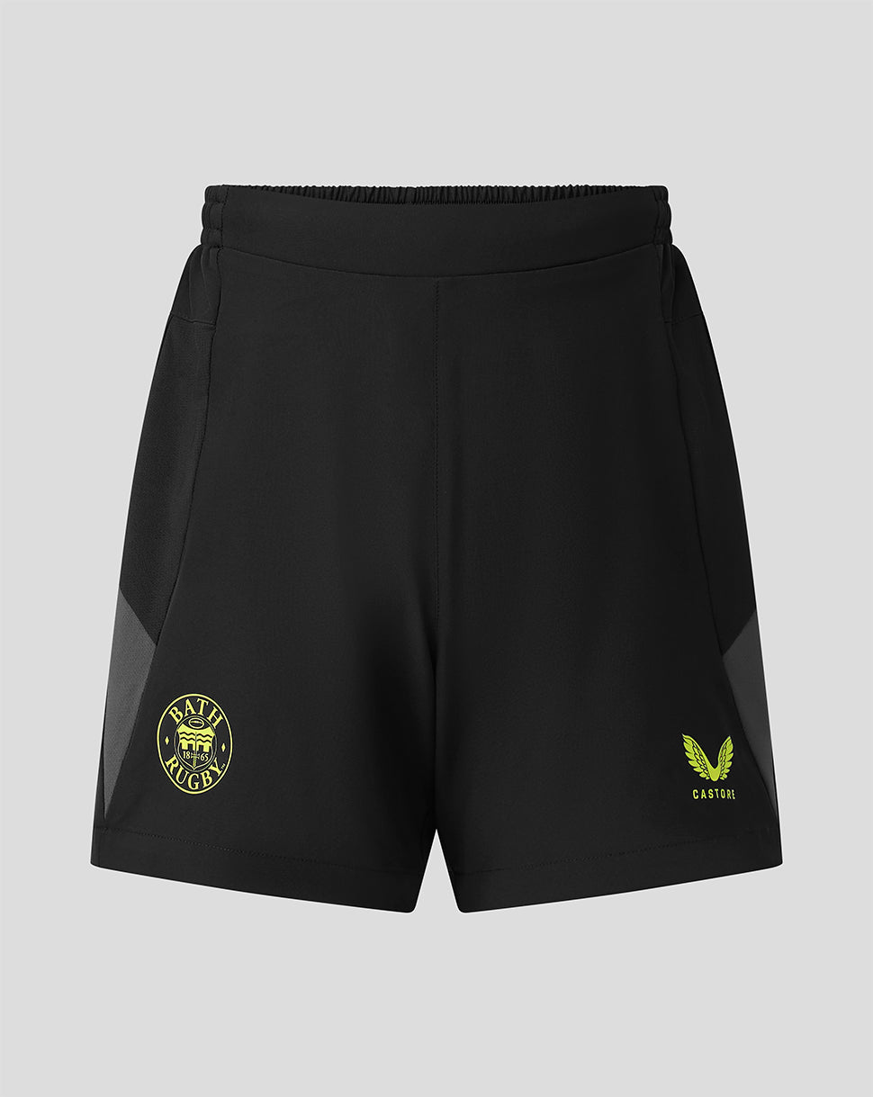 Black athletic shorts with a yellow-green rugby logo on the left leg and a yellow-green Castore Wings logo on the right leg, shown against a solid gray background.