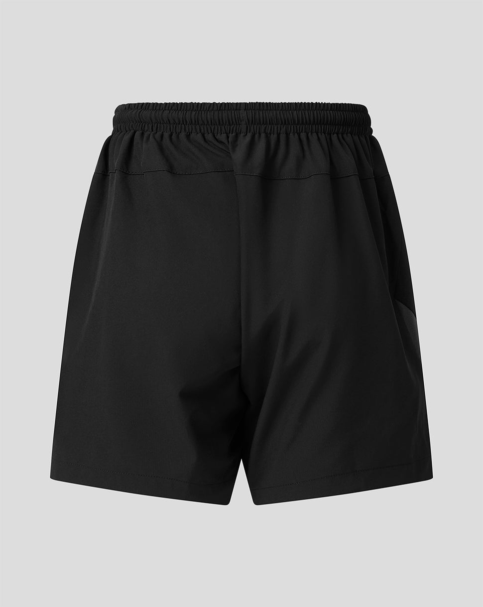 Black athletic shorts with an elastic waistband, shown from the back on a light gray background.
