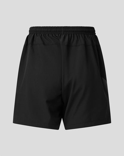 Black athletic shorts with an elastic waistband, shown from the back on a light gray background.