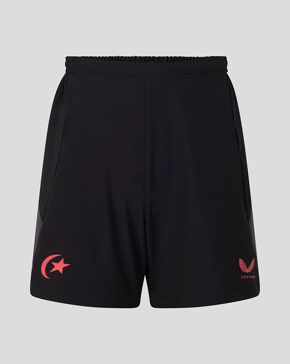 Black athletic shorts with a red crescent and star logo on the left leg and a red eagle logo with 'CASTORE' text on the right leg, shown against a light gray background.
