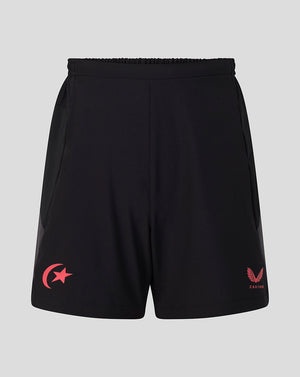 Black athletic shorts with a red crescent and star logo on the left leg and a red eagle logo with 'CASTORE' text on the right leg, shown against a light gray background.