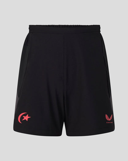 Black athletic shorts with a red crescent and star logo on the left leg and a red eagle logo with 'CASTORE' text on the right leg, shown against a light gray background.