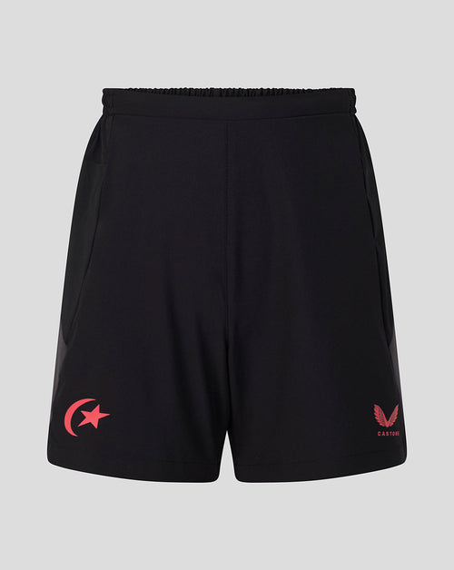 Black athletic shorts with a red crescent and star logo on the left leg and a red eagle logo with 'CASTORE' text on the right leg, shown against a light gray background.