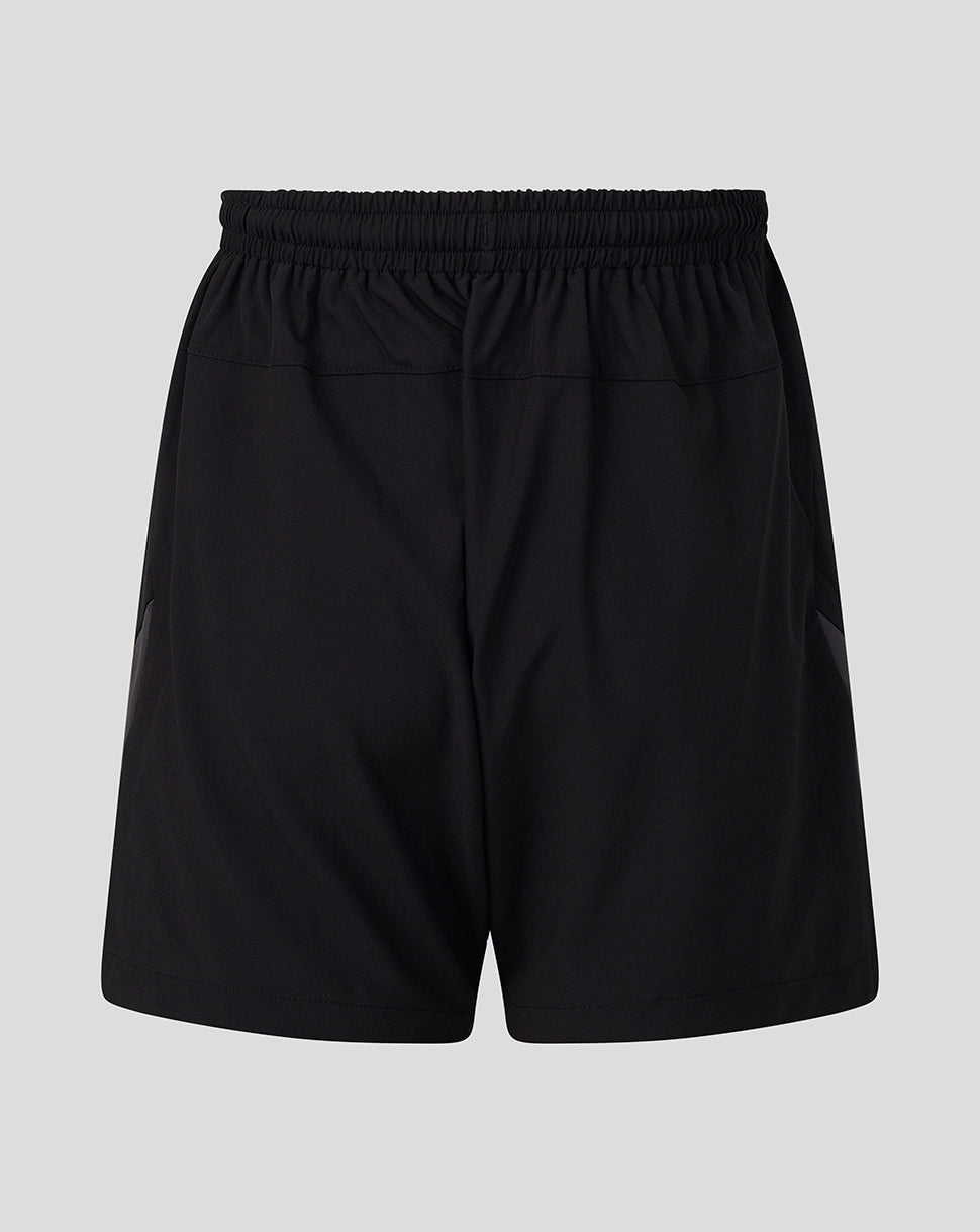 Black athletic shorts with an elastic waistband, shown against a solid light gray background.