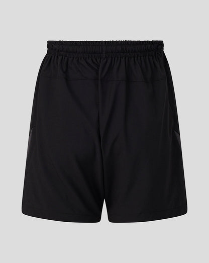Black athletic shorts with an elastic waistband, shown against a solid light gray background.