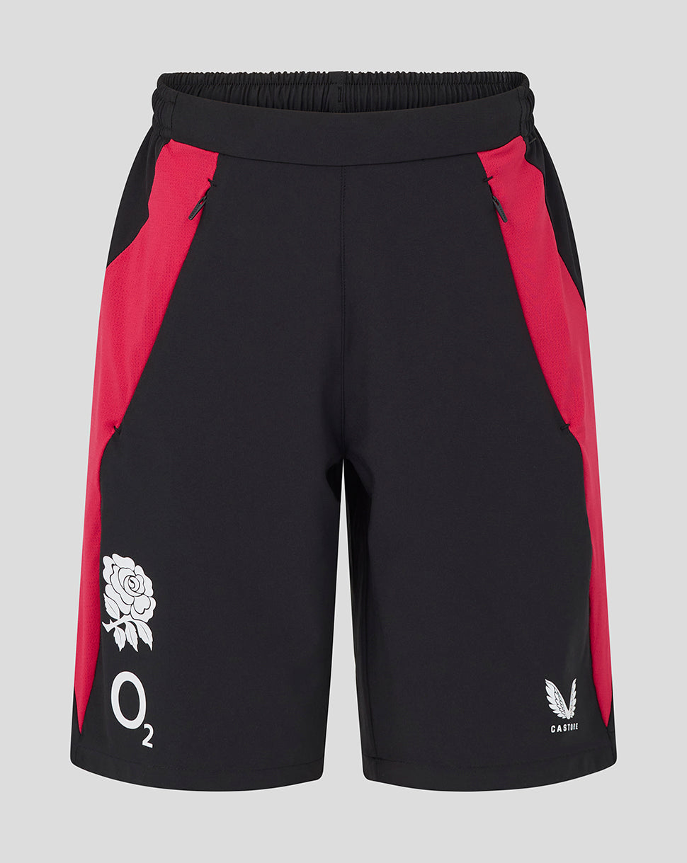 Black and red shorts with logos on a gray background