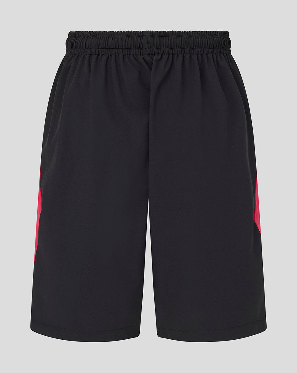 Black shorts with a red stripe on a gray background