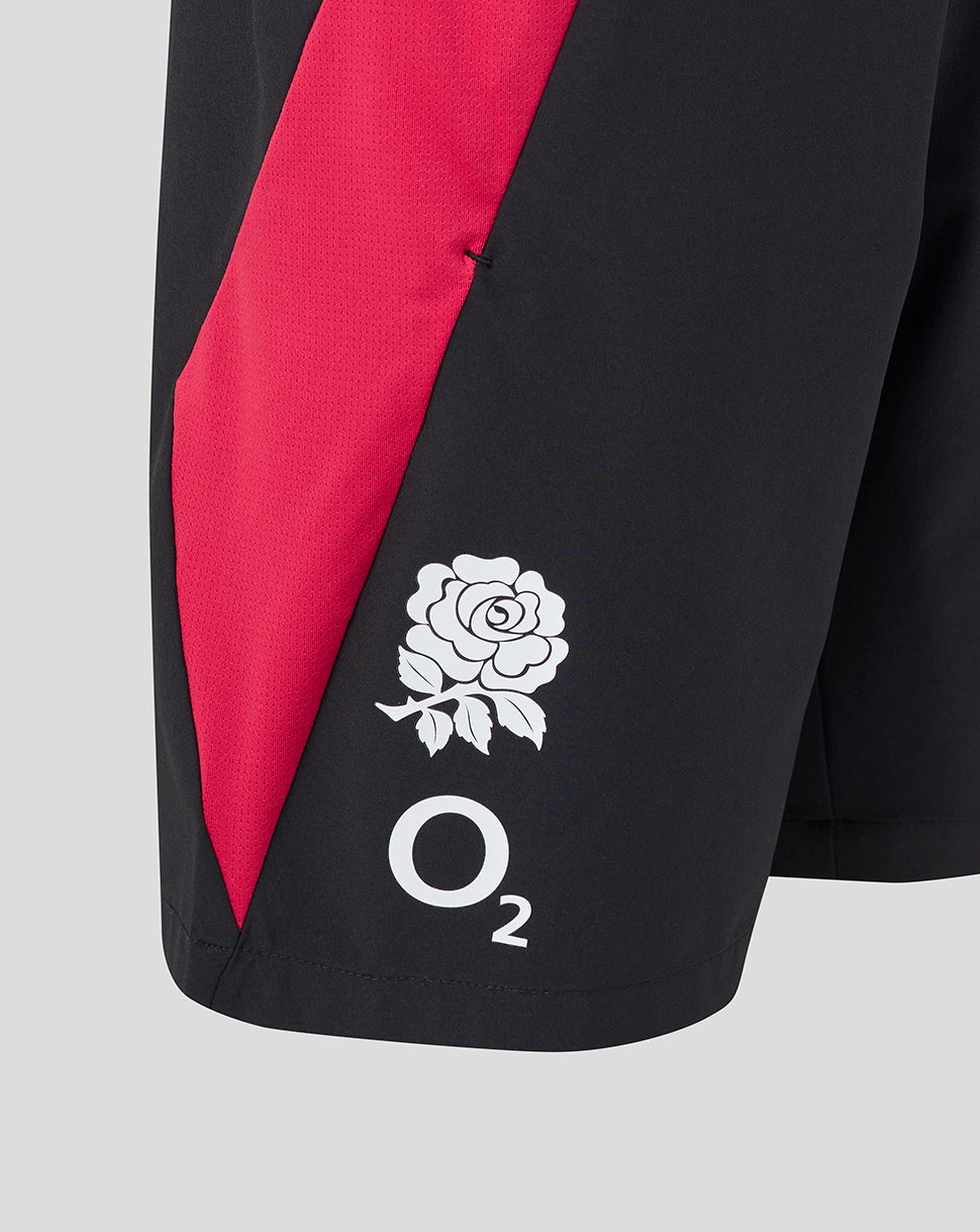 Black shorts with red diagonal stripe and white rose logo on a gray background