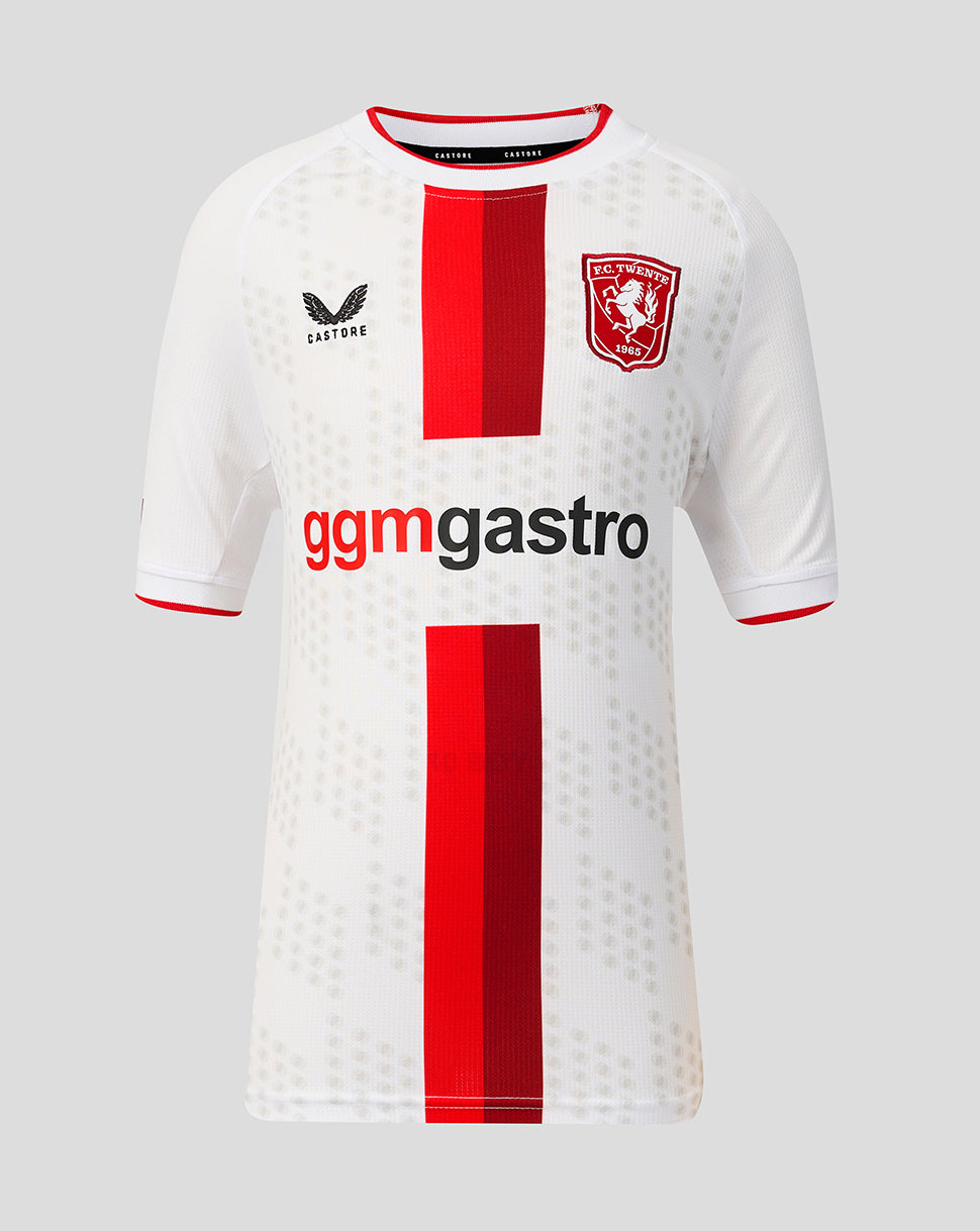 White FC Twente junior third shirt with bold red center stripe and club crest.