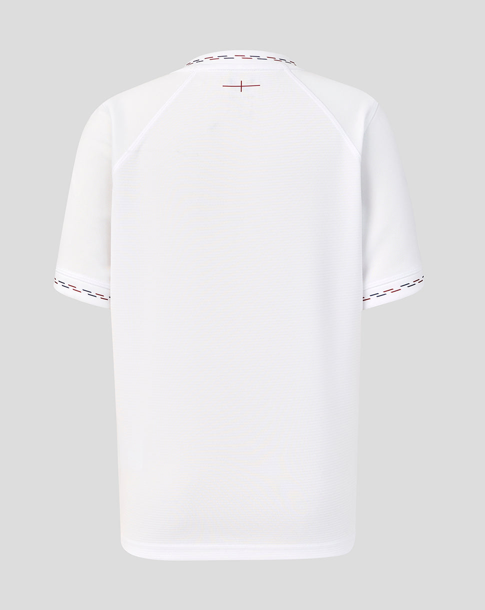 White t-shirt with red and black design on a gray background