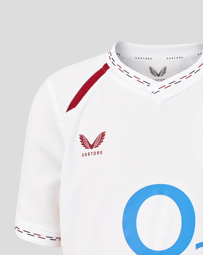 White sports jersey with red accents and 'Castore' branding on a gray background