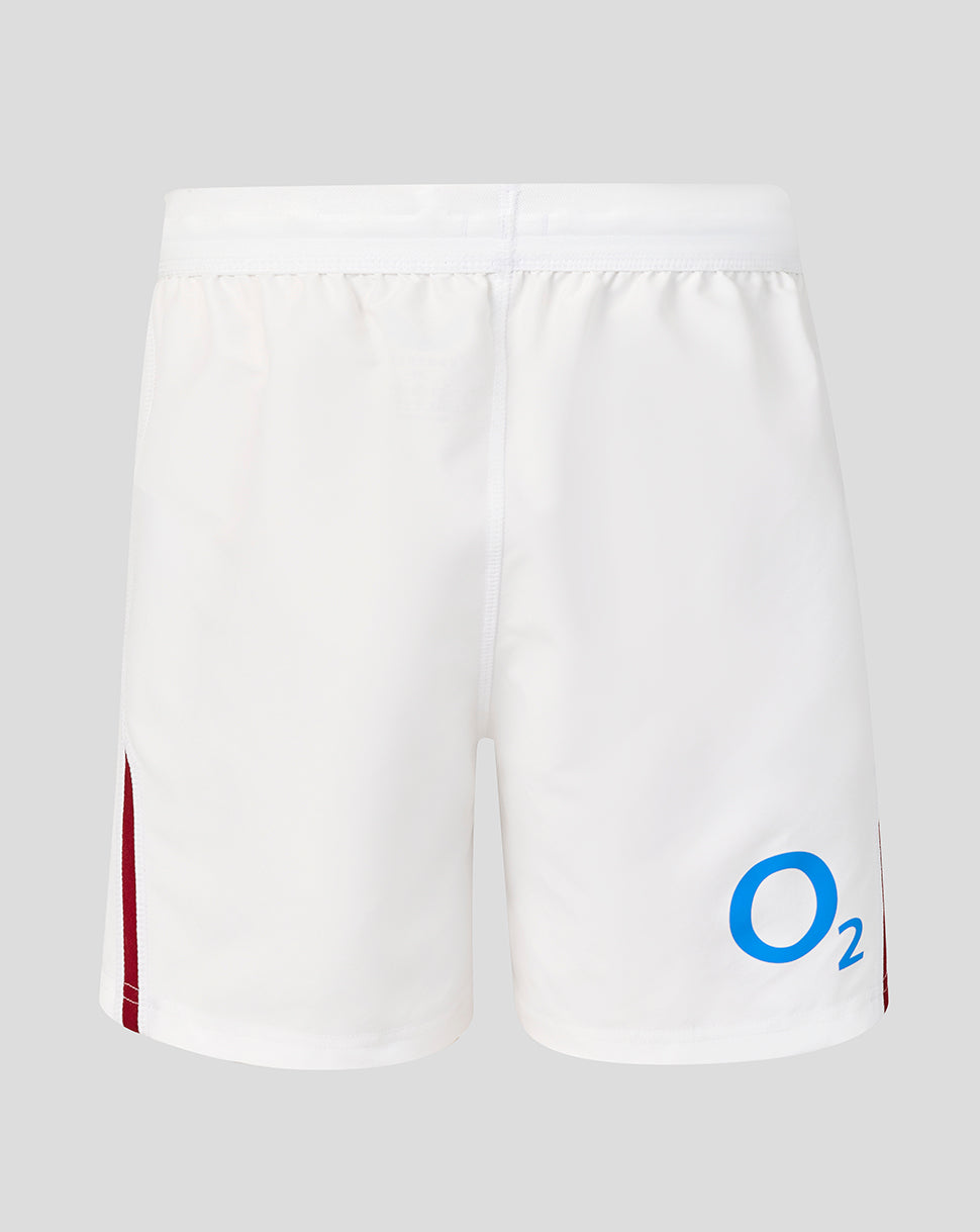 White shorts with a blue logo on a gray background