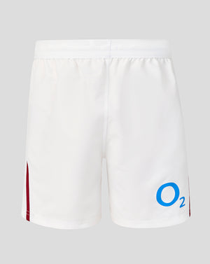 White shorts with a blue logo on a gray background