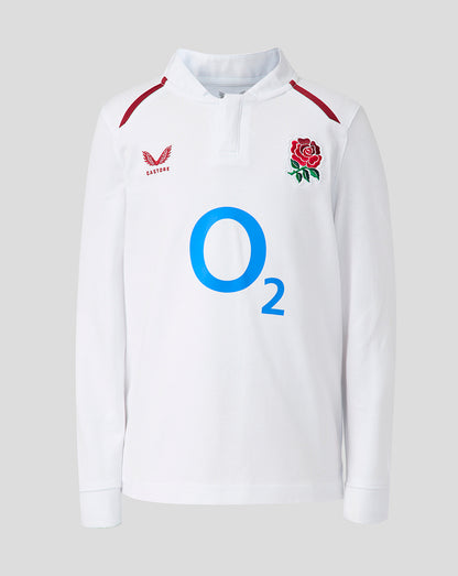 White rugby jersey with red rose emblem, blue 'O2' logo, and England rugby union logo on a light gray background