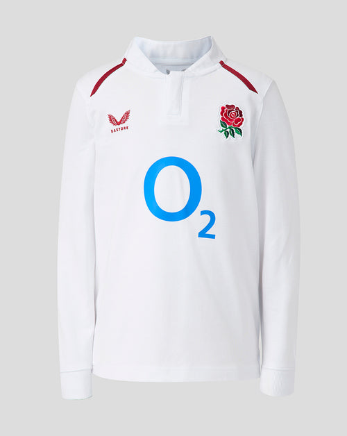 White rugby jersey with red rose emblem, blue 'O2' logo, and England rugby union logo on a light gray background