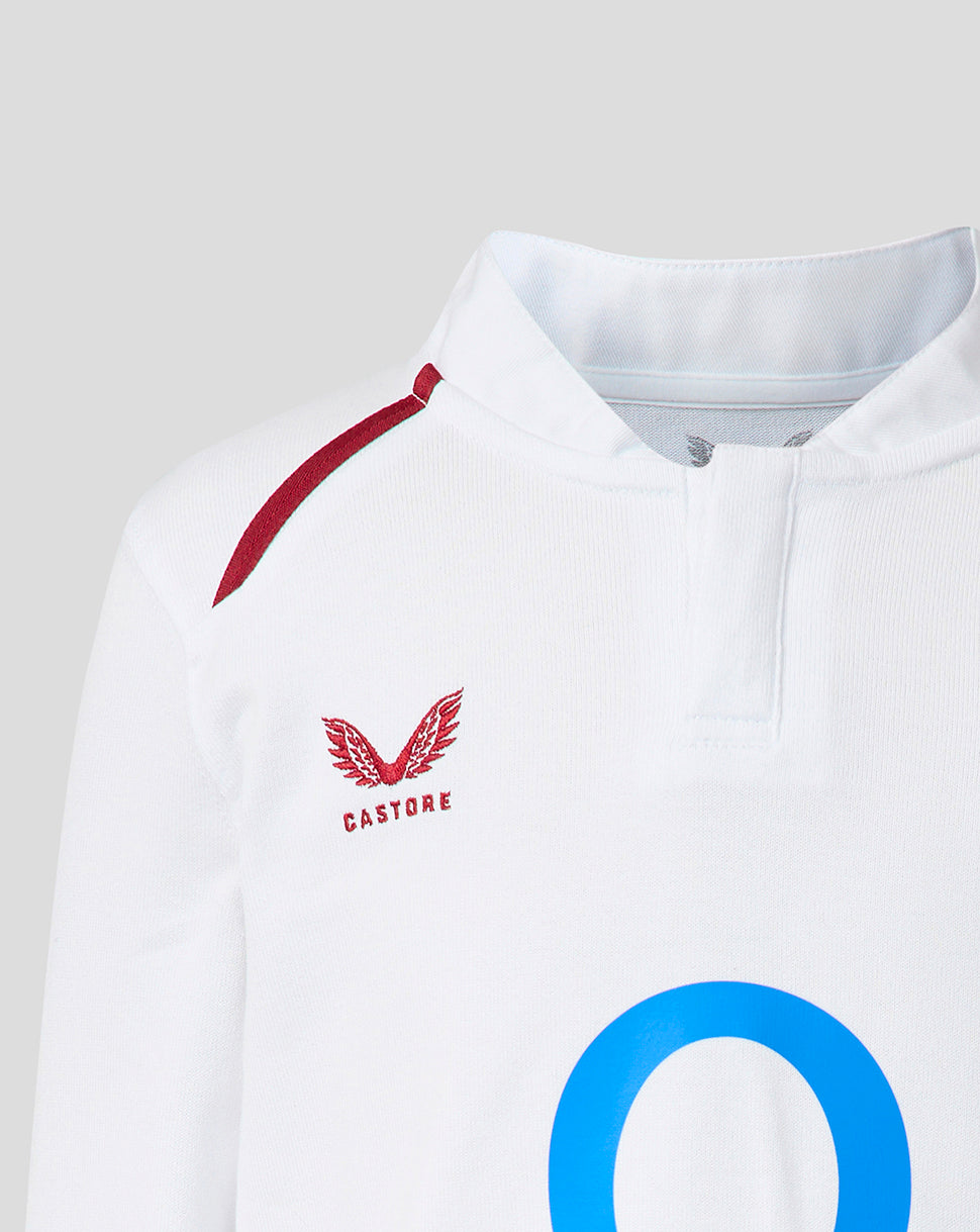 White sports jacket with red accents and 'Castore' branding on a gray background