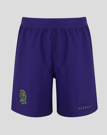 Purple shorts with a logo and text on a gray background