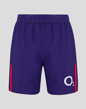 Blue shorts with red accents and a logo on a gray background