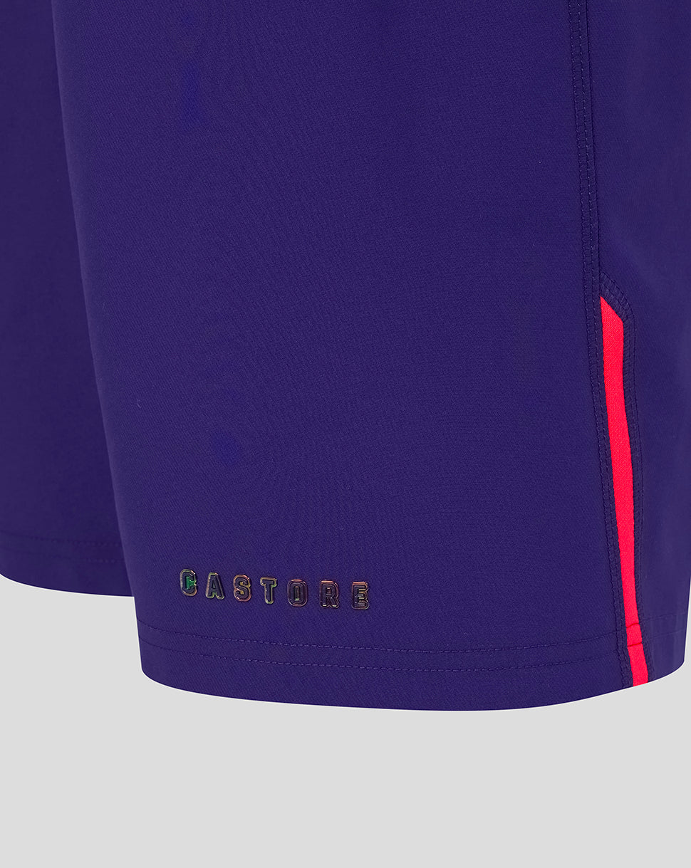 Navy shorts with a red stripe on a gray background