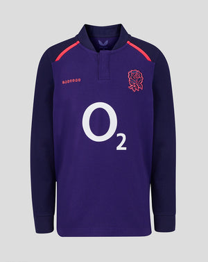 Navy rugby jersey with red accents and O2 logo on a light gray background