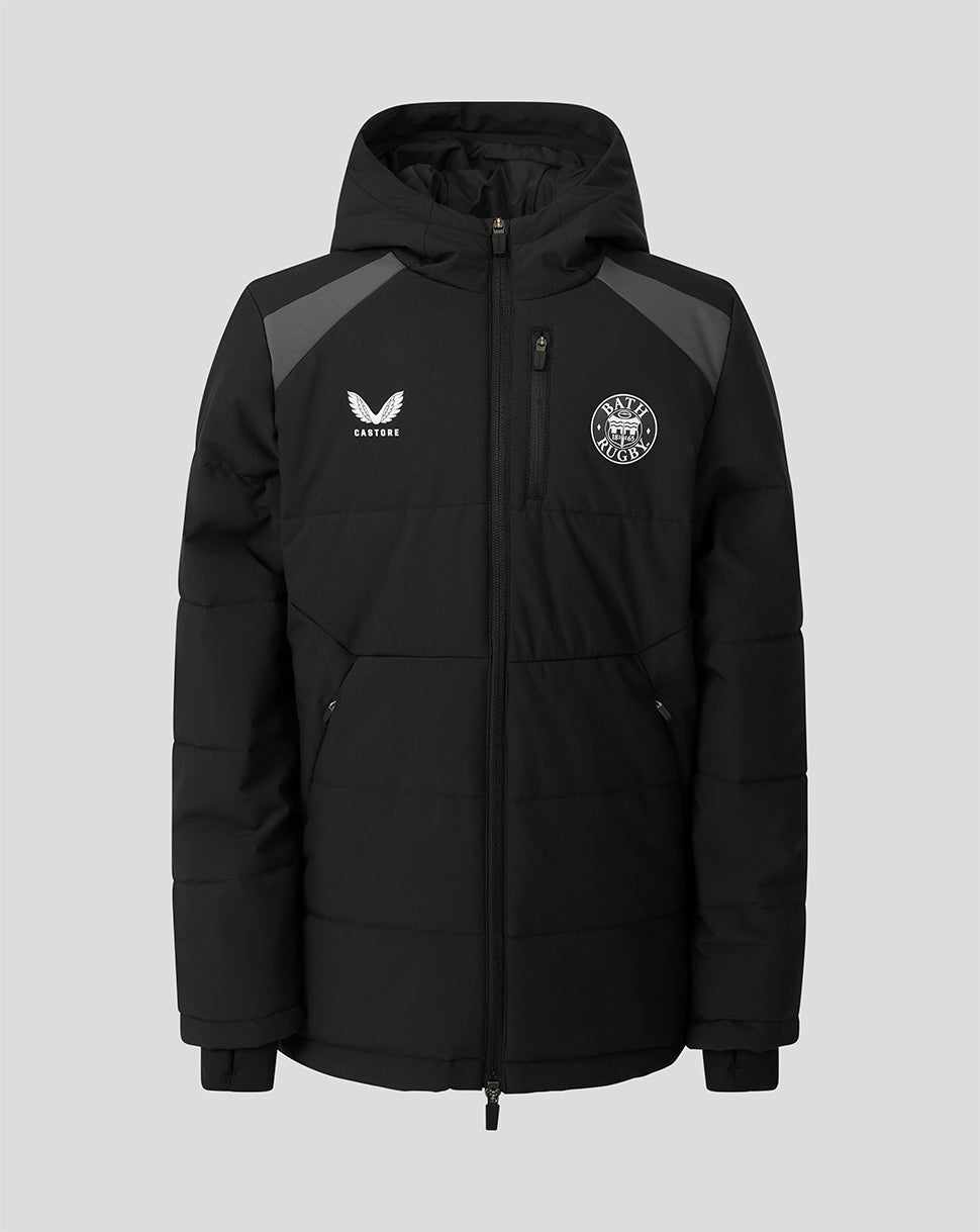 A black hooded puffer jacket with dark gray shoulder panels, featuring the white Castore logo on the right chest and a circular crest on the left chest, shown against a solid gray background.