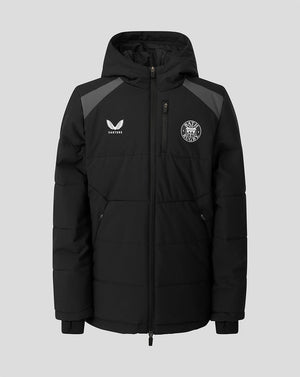 A black hooded puffer jacket with dark gray shoulder panels, featuring the white Castore logo on the right chest and a circular crest on the left chest, shown against a solid gray background.
