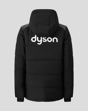 A black hooded puffer jacket shown from the back, featuring a large white 'dyson' logo printed across the upper back, set against a solid light gray background.