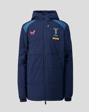 Navy blue jacket with brand logos on a light gray background