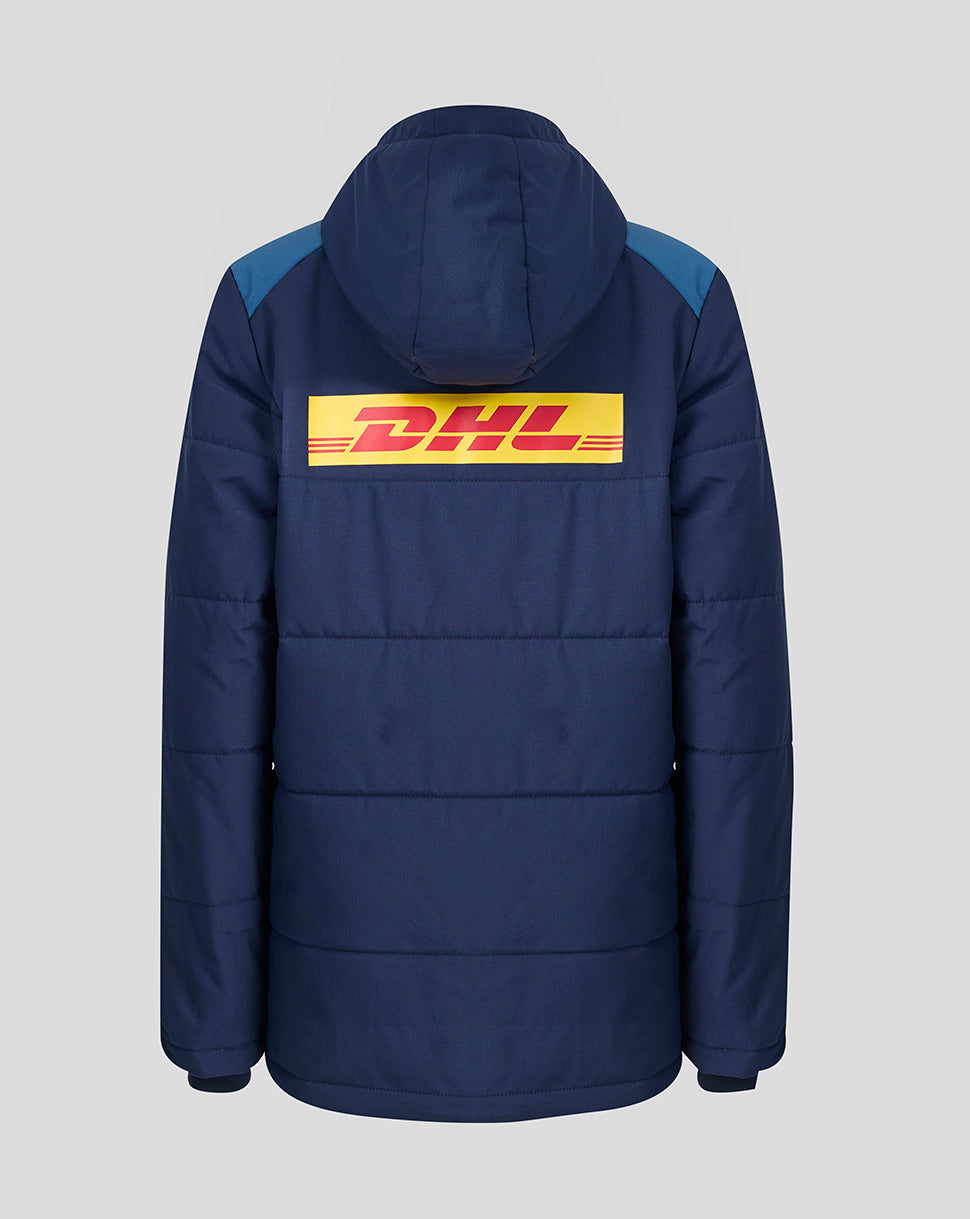 Navy blue jacket with DHL logo on the back against a light gray background