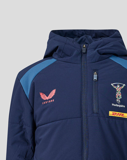 Navy blue jacket with brand logos on a light gray background