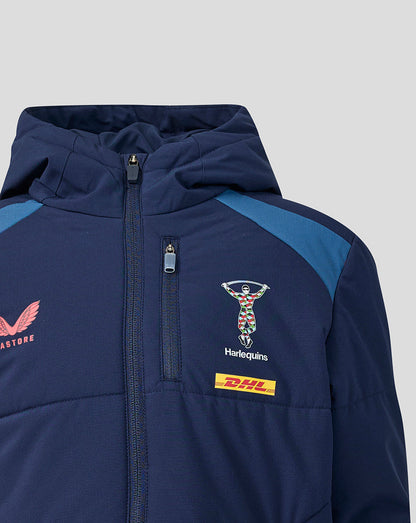 Navy blue jacket with logos on a gray background