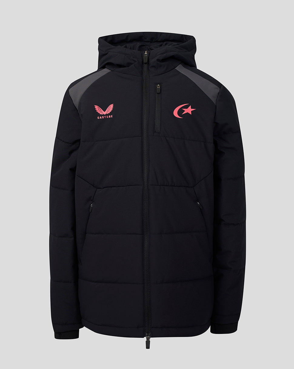 A black hooded puffer jacket with dark gray shoulder panels and pink embroidered logos on the chest, displayed against a solid gray background.