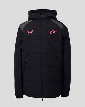 A black hooded puffer jacket with dark gray shoulder panels and pink embroidered logos on the chest, displayed against a solid gray background.