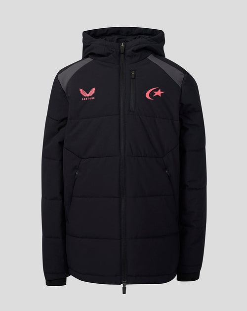 A black hooded puffer jacket with dark gray shoulder panels and pink embroidered logos on the chest, displayed against a solid gray background.