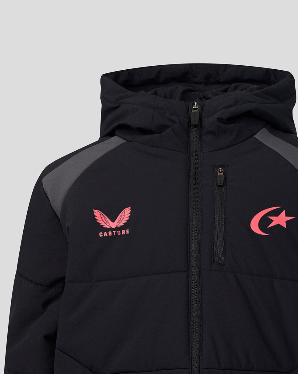 A close-up of a black hooded puffer jacket with gray shoulder panels, featuring a pink winged logo with the text 'CASTORE' on the left chest and a pink crescent and star logo on the right chest, set against a light gray background.