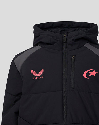 A close-up of a black hooded puffer jacket with gray shoulder panels, featuring a pink winged logo with the text 'CASTORE' on the left chest and a pink crescent and star logo on the right chest, set against a light gray background.