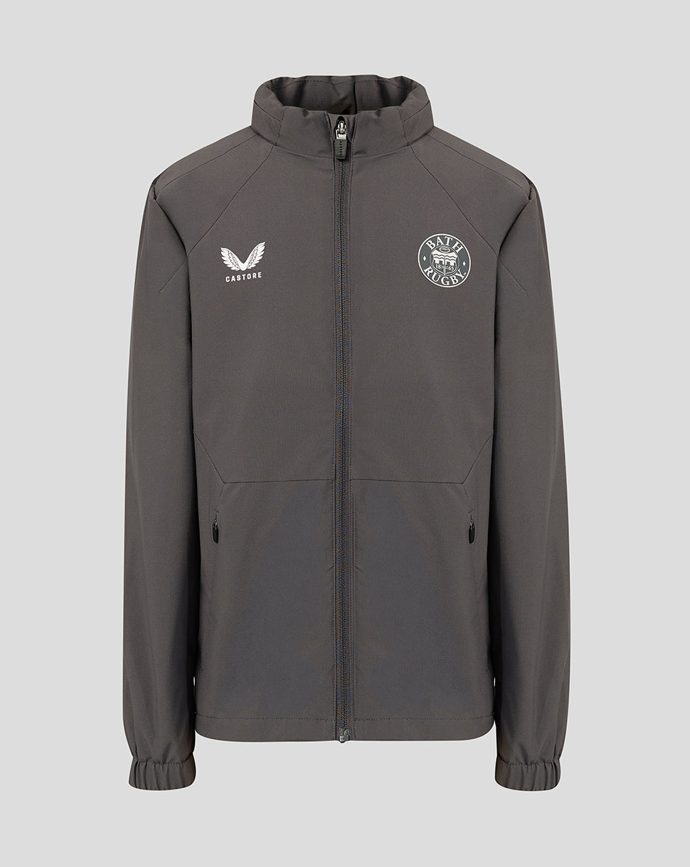 A dark gray full-zip jacket with a stand-up collar, featuring a white wing logo with 'CASTORE' underneath on the right chest and a circular 'BATH RUGBY' logo on the left chest, displayed against a solid light gray background.